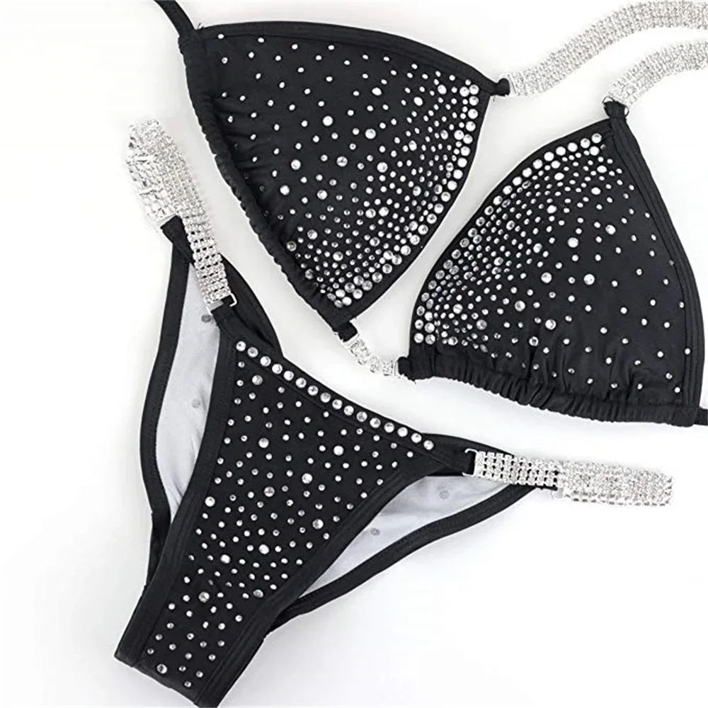 NPC IFBB Pro Competition Bikini Posing Suit for Women Rhinestone Connectors Scrunch Bikini