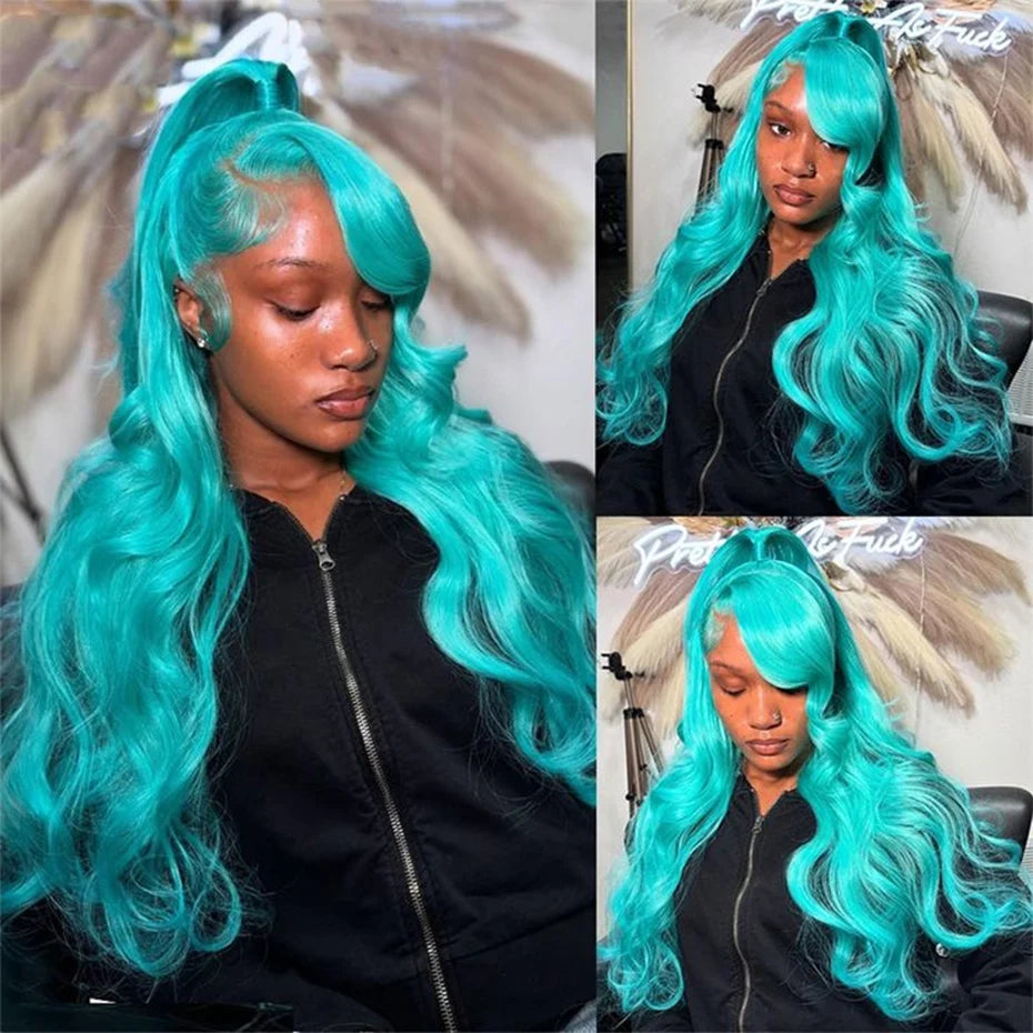 Teal Color Human Hair Wig Brazilian Remy Body Wave Lace Front Wig Pre Plucked Cyan Green 13x6 Hd Lace Frontal Wigs For Women 30"