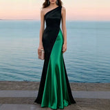 Women Luxury Satin One Shoulder Long Dress Black Red Patchwork Bodycon Mermaid Gown for Birthday Cocktail Wedding Guest Evening