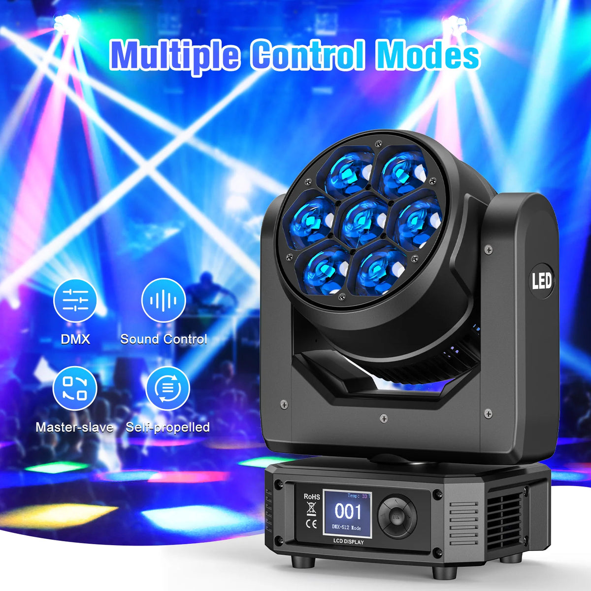 U'King 4Pcs 300W Moving Head DJ Lights 7LEDs RGBW BEE'S EYE Beam Stage Lights DMX512 Control For KTV Bar Christmas Wedding Party