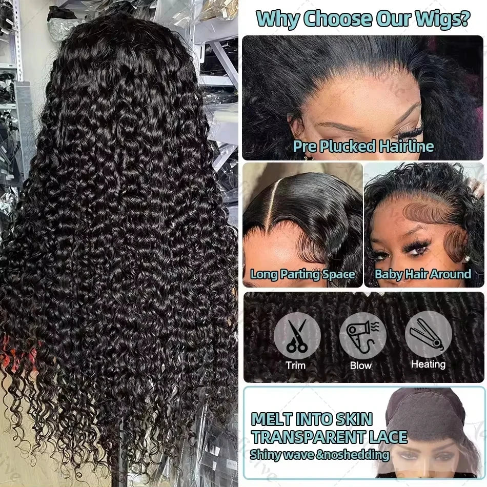 Luvin 40 Inch Deep Wave 13x6 HD Transparent Lace Frontal Human Hair Wigs 220 Density Remy 13x4 Water Curly Front Wig For Women