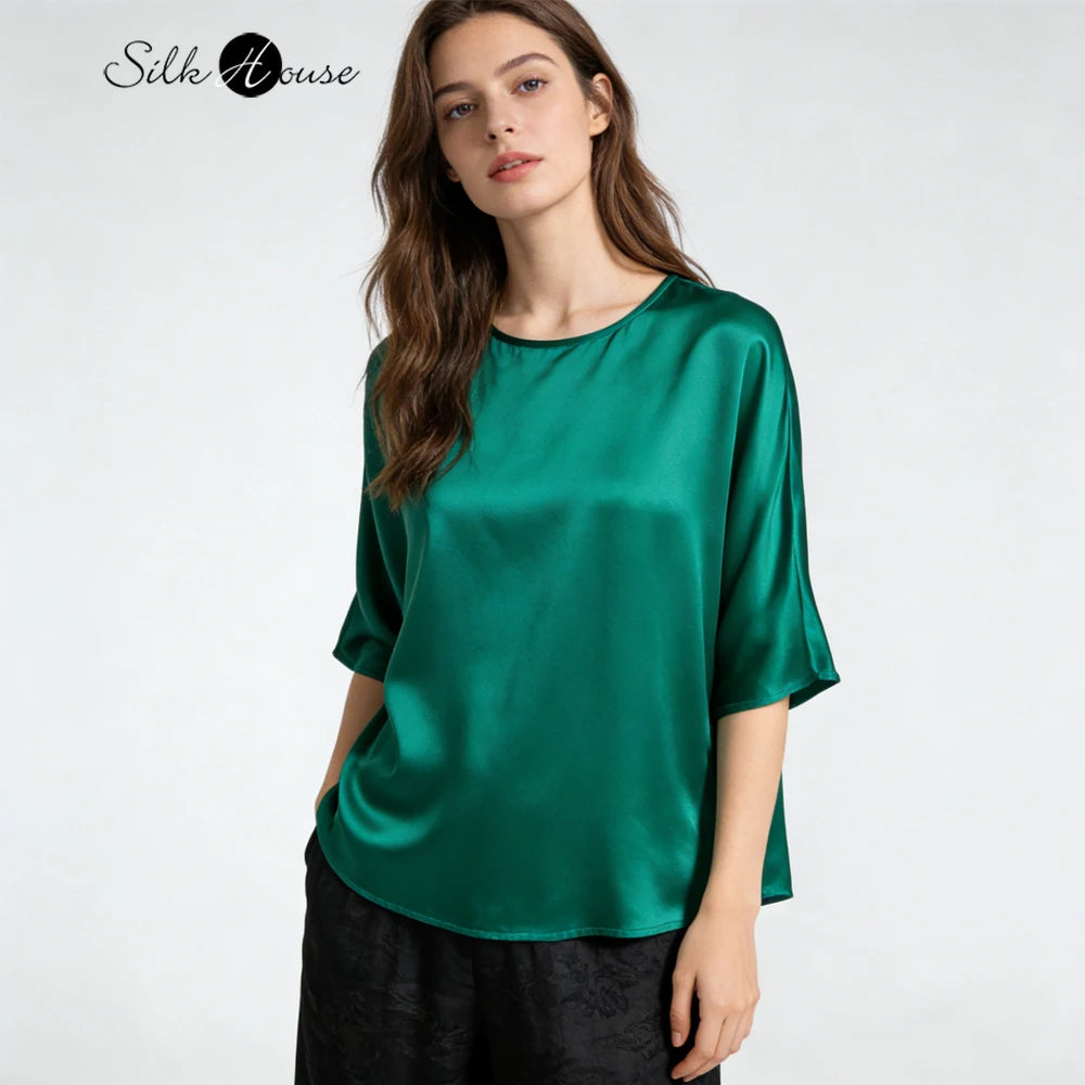 21MM 100% Natural Mulberry Silk Plain Satin Skin Friendly Round Neck Batwing Mid Sleeve Loose Simple Women's Casual T-shirt
