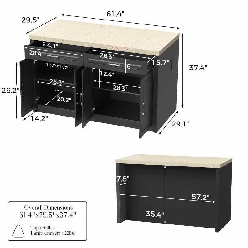 61" W Large Kitchen Island with Charging Station, 2 Drawers & Adjustable Shelves, Modern Stationary Kitchen Prep, Customized