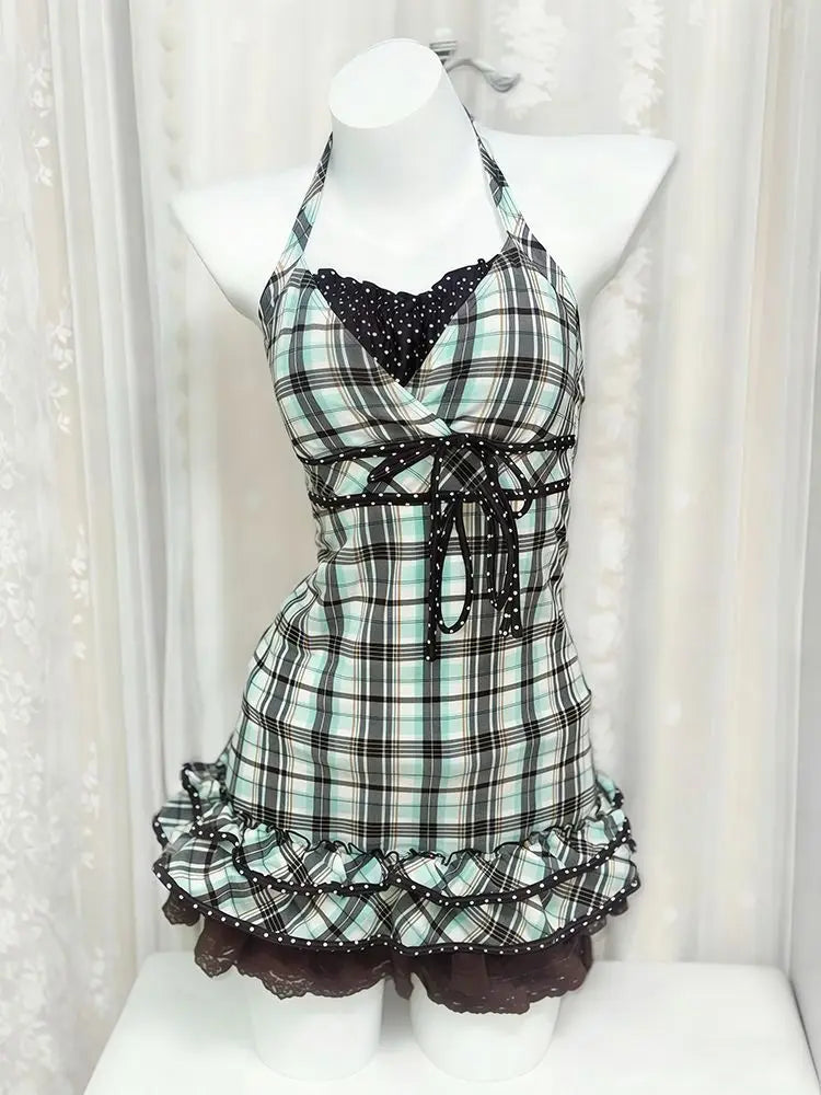 Vintage Dresses 3Piece Set Y2k 2000s Woman Clothes Hot Sweet Harajuku Coat+Plaid Top+Mini Skirt Kawaii Japanese Sexy Summer Chic