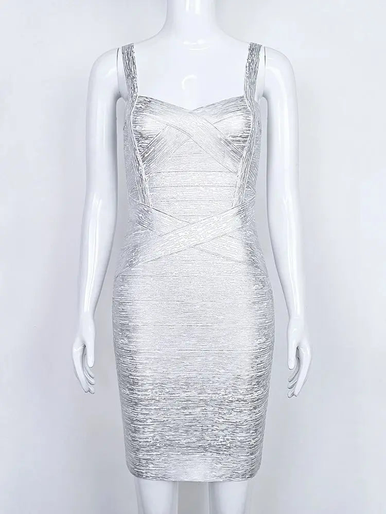 BEAUKEY 2025 Metallic Gold Silver Bandage Dress Women Spaghetti Strap Foil Print Sexy Party Mini Dress XL Cross Maxi Vestidos
