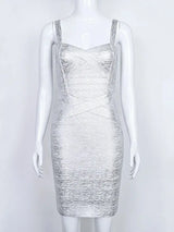 BEAUKEY 2025 Metallic Gold Silver Bandage Dress Women Spaghetti Strap Foil Print Sexy Party Mini Dress XL Cross Maxi Vestidos