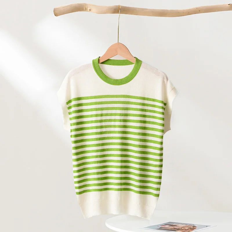 WinvyNee Summer Women's Clothing Wool Sleeveless Tops O Neck Half Sleeve T-Shirts Striped Casual Knitted Pullovers ZA1102002