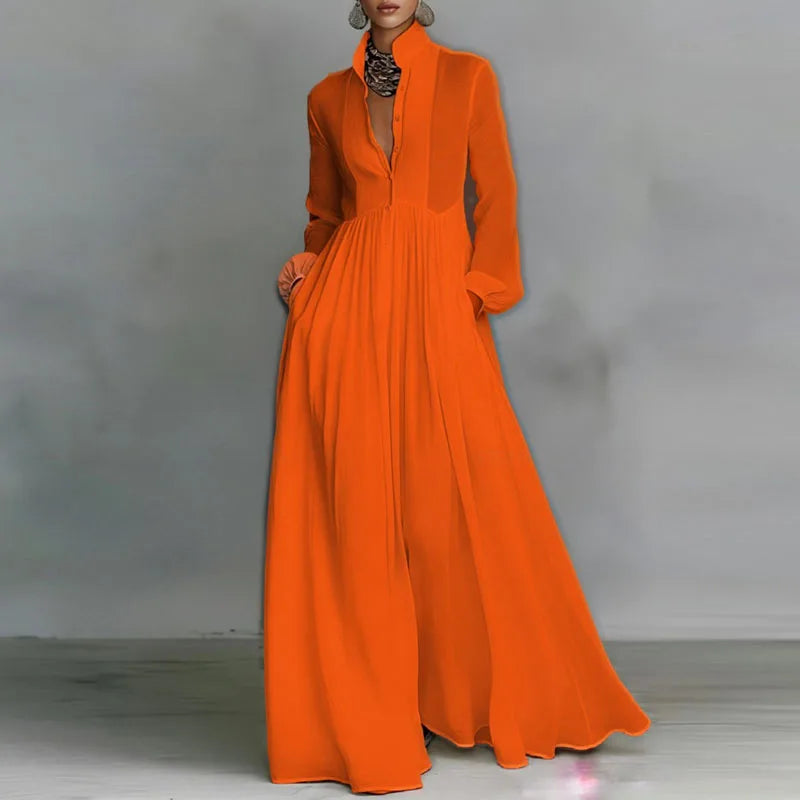 Spring Elegant Pocket Maxi Shirt Dress Women Long Sleeve Button-Down Flowy A-Line Dress Summer Beach Vacation Boho Party Dresses
