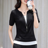 New Women Patchwork Contrast Color T-shirt Fashion Zipper V-Neck Short Sleeve Slim Tees Simplicity Casual Summer T-shirt