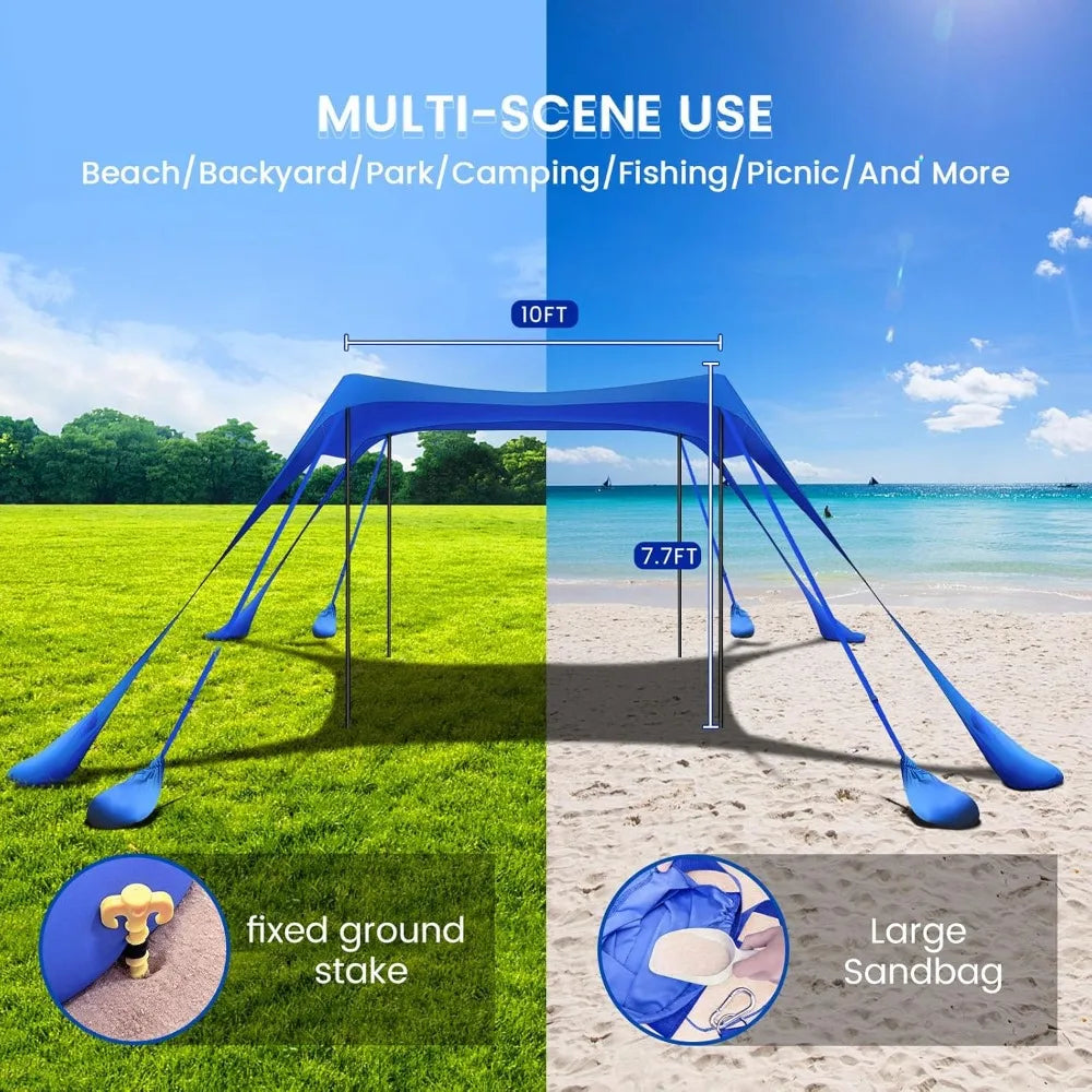10x10FT Beach Tent Sun Shelter with UPF 50+, 8 Sandbags, Portable Canopy for Camping Fishing