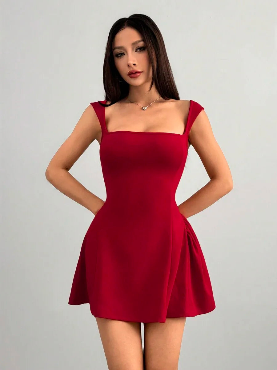 Women's Mini Dress with Flared Skirt Red Square Neck Stretchy Fit for Party or Festival