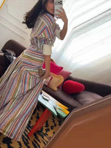 Multicolor Striped Shirt 2 Picec Set Button Front Blouse High Waist Flared Hem Maxi Skirt 2026 Summer Elegant Lady Vacation Suit