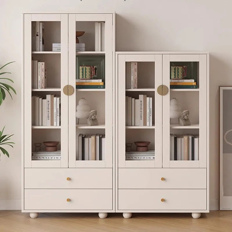 Nordic Solid Wood Bookshelf Modern Minimalist with Glass Doors Multi-layer Display Cabinet Storage Floor-standing Furniture FYBK