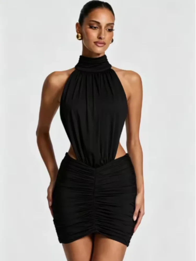 Chic Sleeveless Pleated Slim Mini Dress Women Sexy Solid Backless Hollow Out Round Collar Dresses Lady Evening Party Vestidos