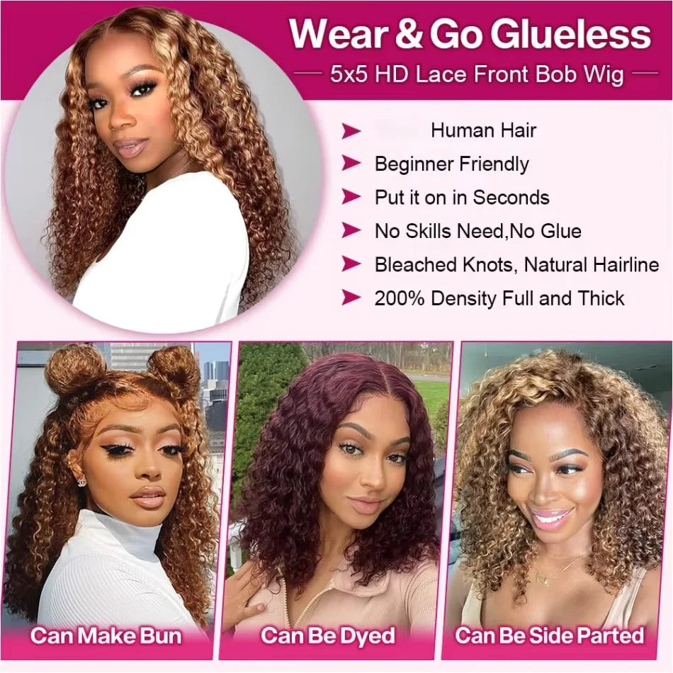 Highlight Ombre Bob Wig Human Hair Curly Short 5X5 Hd Lace Closure Wig