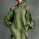 Bohemian Woman Dresses Vacation Sexy Cold Shoulder Lantern Long Sleeve Maxi Dress 2026 Spring Casual O Neck Solid Pullover Dress