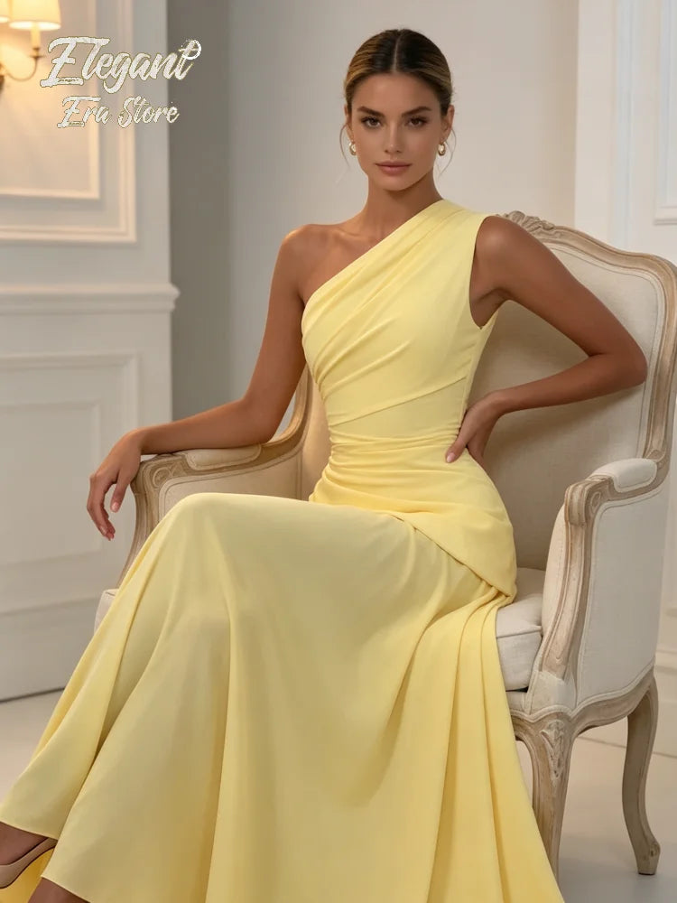 Pale Yellow One Shoulder Ruched Maxi Dress Women Fashion Asymmetrical High Waist Flowing Chiffon Dresses Lady Daily Party Gowns