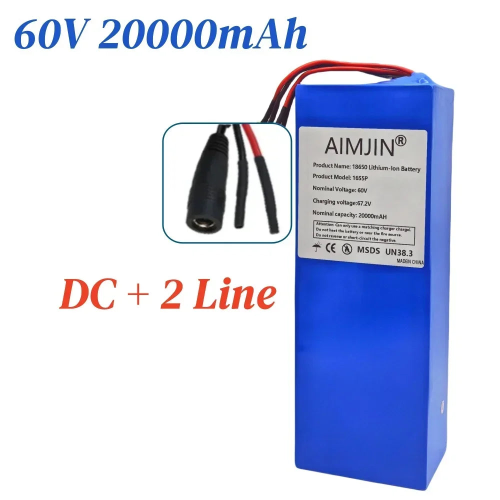 16S5P 60V 20Ah lithium battery pack 2000W high-power with built-in BMS for Motorcycle, scooter, Bicycle MotorReplace battery