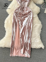 SINGREINY Spaghetti Strap Split Long Dress 2025 Ladies Fake Leather Lace Up Bodycon Sundress Y2K Hotsweet Shiny Slim Party Dress