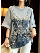 Fashionable Heavy-Duty Beaded Loose T-Shirt Women's Summer New Arrival Korean Style round Neck Short Sleeve Top for Ladies
