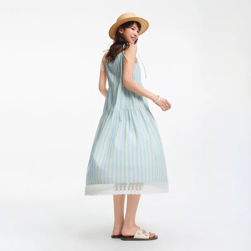 Semir Textured Striped Dress Women Sweet 2025 Summer New Vacation Style Lace Strapless Sundress
