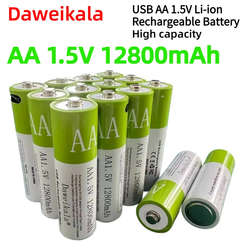 2025 High capacity 12800mAh USB AA 1.5V Li-ion Rechargeable Battery for Remote Control Mouse Electric Toy Battery + Type-C Cable