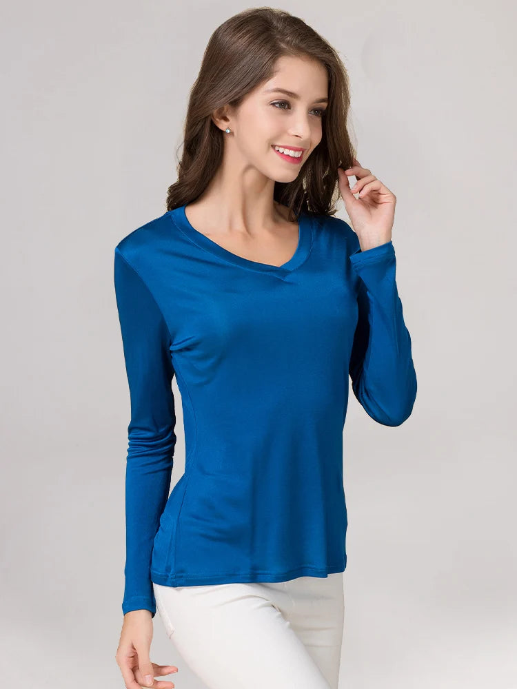 SuyaDream Women's Natural Silk Long Sleeve T-shirt V-Neck Solid Basic Top in Pink Blue Purple - Bottoming Shirt