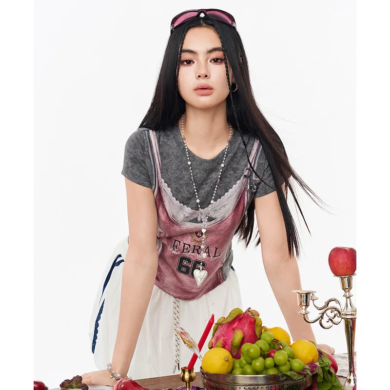 ELFSACK Fake Two-Piece Crop Top, Retro FERAL 66 Print Lace Bow Tee, Slim Short Sleeve T-shirt for Women