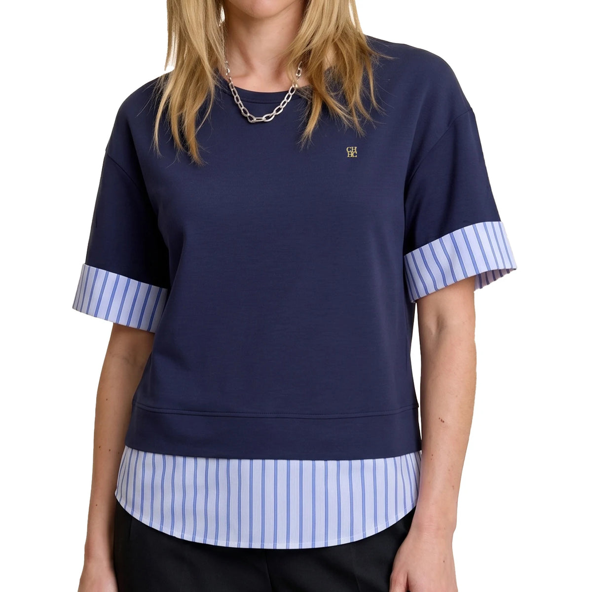 CH Metal Logo Short Sleeve T Shirt Women Stripe Patchwork Fake Two Piece Drop Shoulder Loose Fit Casual Daily Tops