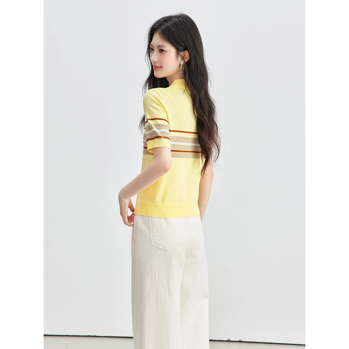 VIMLY Women's Contrasting Stripes Knitted T-shirt Summer 2026 New Polo Neck Casual Versatile Short Sleeve Yellow Top 75373