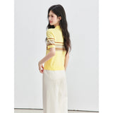 VIMLY Women's Contrasting Stripes Knitted T-shirt Summer 2026 New Polo Neck Casual Versatile Short Sleeve Yellow Top 75373