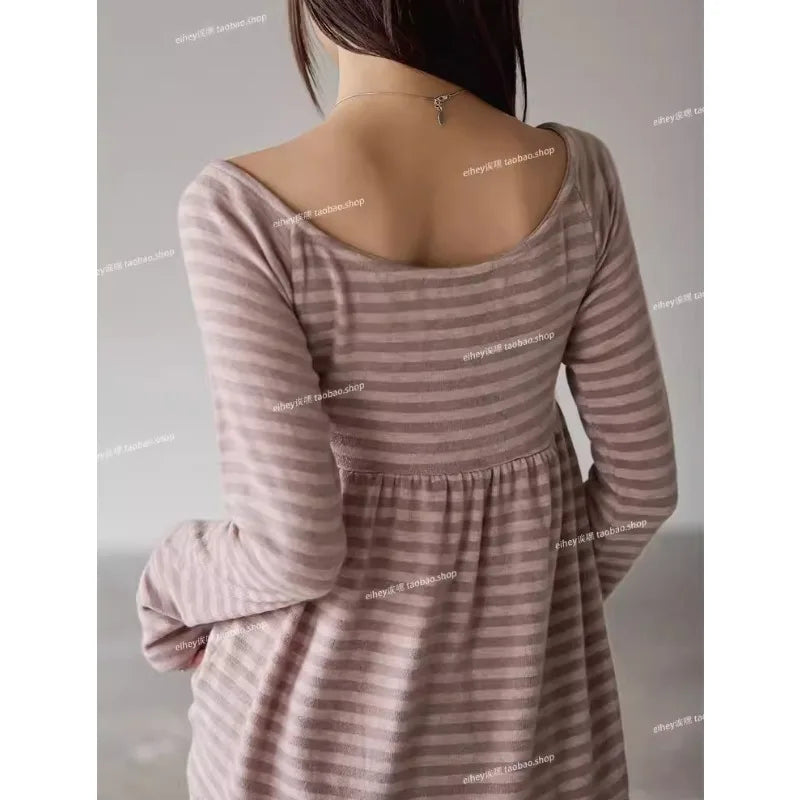 Korean Retro Bow Pleated Casual Long-sleeved T-shirt Women 2026 Spring New High Street Contrast Color Striped Tops