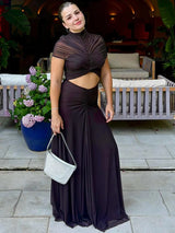 JULISSA MO Sexy Hollow Out Turtleneck Women Maxi Dress Coffee Short Sleeve See Through Mesh Bodycon Elegant Party Evening Dress