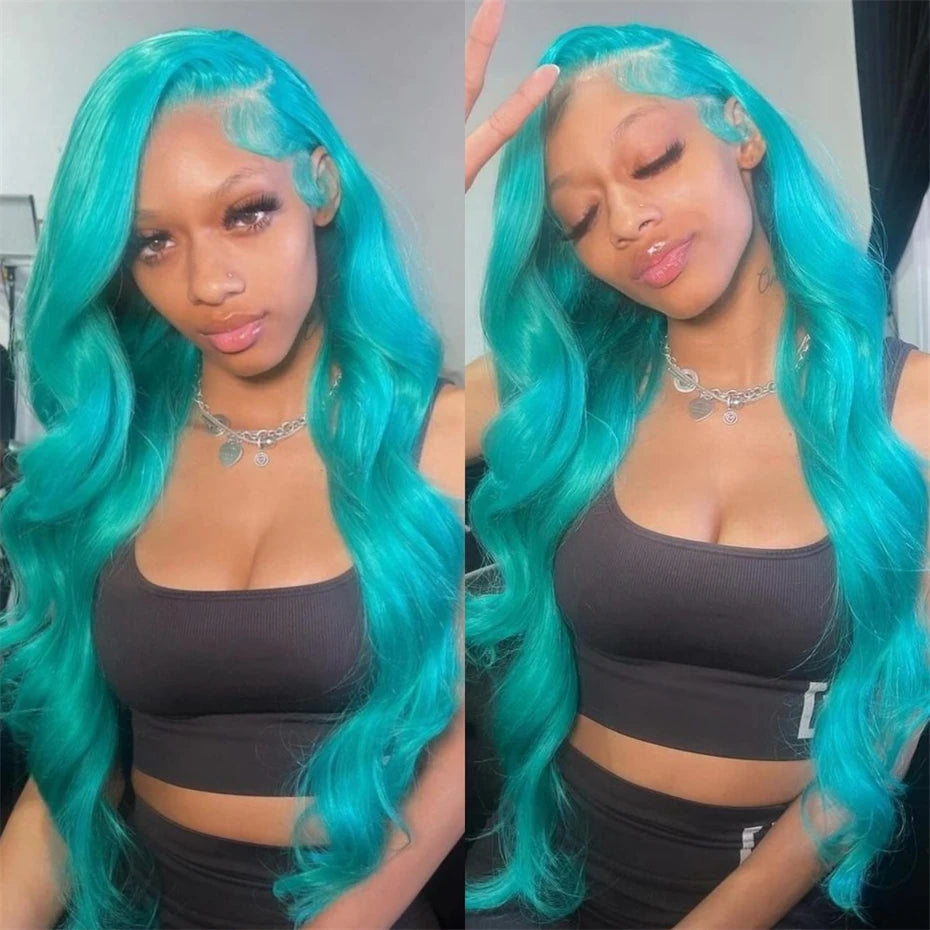 13x6 Teal Ocean Blue Lace Front Wig Human Hair Body Wave 613 Blonde Lace Frontal Wig Preplucked Mint Green Color Human Hair Wigs