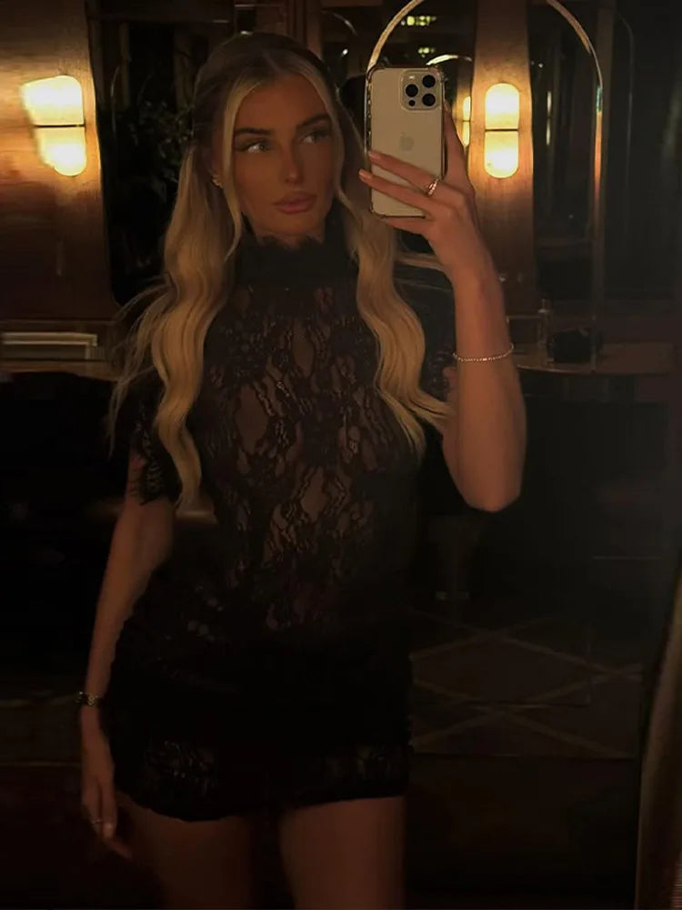 Sexy Lace See Through Party Dress Women Slim Fly Sleeve O-neck Evening Solid Dresses Female 2026 Patchwork Pleated Robe Lady