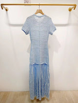 Fashion Blue Pearl Decoration Lace Jacquard Knit Midi Dress Women Temperament Elegant O-Neck Short Sleeve Slim Robe Ladies