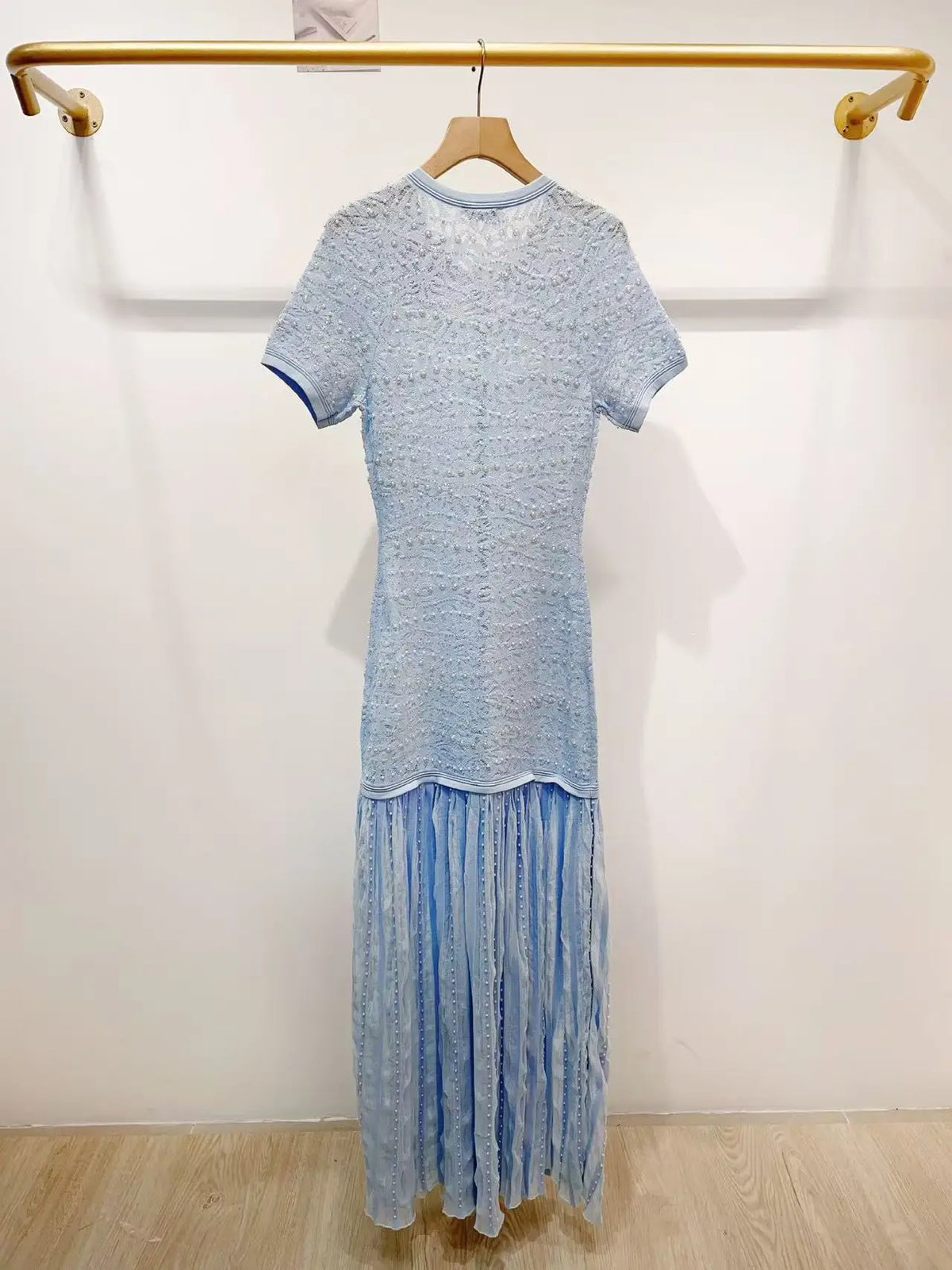 Fashion Blue Pearl Decoration Lace Jacquard Knit Midi Dress Women Temperament Elegant O-Neck Short Sleeve Slim Robe Ladies