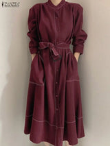 ZANZEA Fashion Long Shirt Dresses Women Elegant Streetwear Office Lady Midi Vestidos Belted Casual Autumn Long Sleeve Party Robe