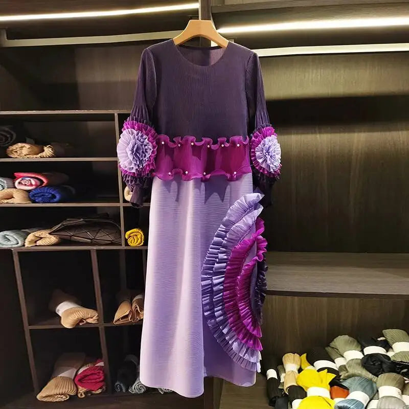 LANMREM Pleated Tie Flower Long Sleeve Women's Dress Chic New Loose Colorblock Patchwork Design Beading Famale Clothing 2DB6651