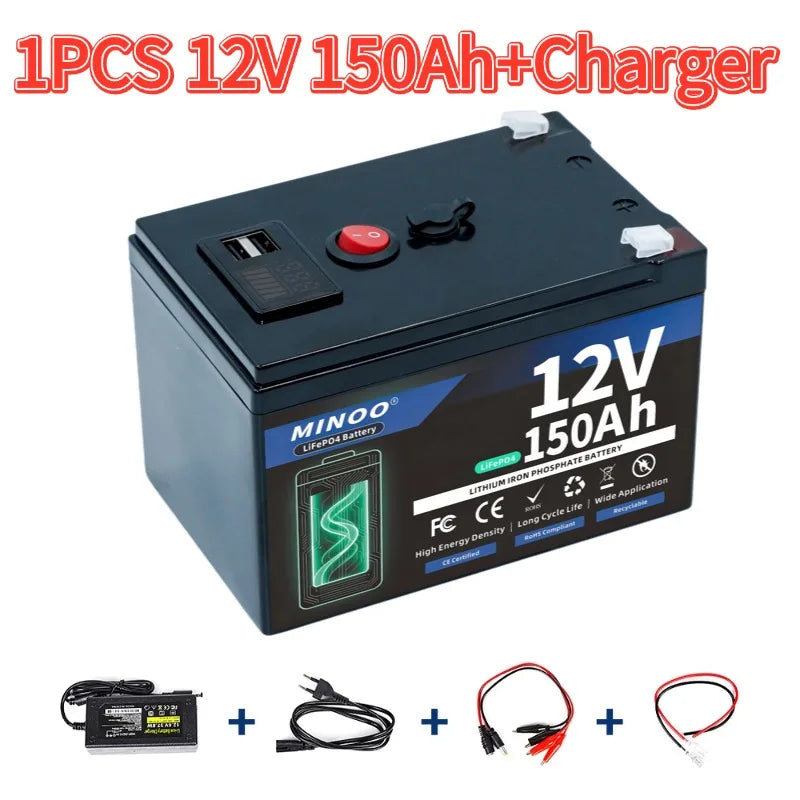 LiFePO4 12V 300AH 12V 200AH Battery Free Charger 12V Lithium Battery Built-In 300A BMS 6000+ Cycle For Solar RV Marine Energy