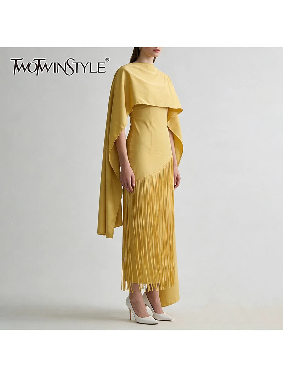 TWOTWINSTYLE Solid Spliced Tassels Temperament Dress for Women Strapless Sleeveless Patchwork Shawl Elegant Dresses Female New