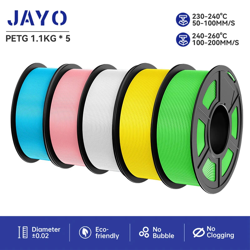 JAYO 3D Printer Filament  PETG PLA HSMPETG PLA PLUS 1.75mm 5Rolls 3D Printing Materials for 100% No Bubble &FDM 3D Pen DIY Gift