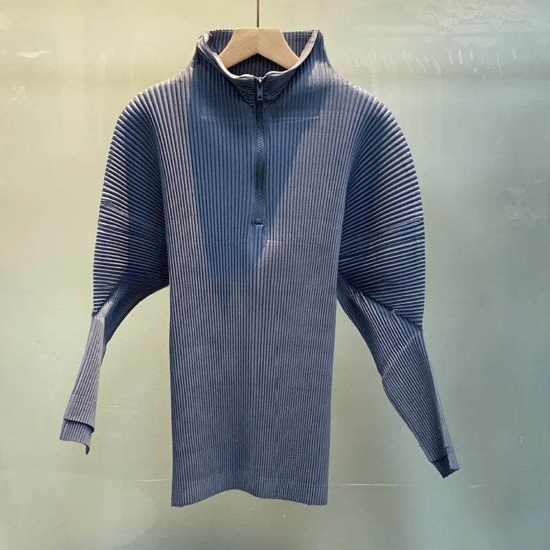 Miyake Casual Stand-up Collar Pullover Sweater Autumn and Winter New Solid Color Loose Pleated Long-sleeved Jacket Women