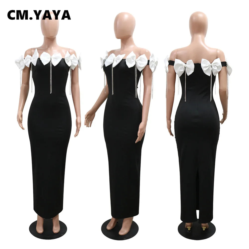 CM.YAYA Women Bow Tassel Slash Neck Maxi Dress 2024 Fall Winter Sexy Birthday Evening Prom Party Street Long Dresses Vestidos