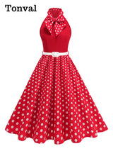 Tonval Bow Neck Halter Neck Polka Dot 50s Retro Party Clothes for Women Prom Vintage Cosplay Christmas Sleeveless Dresses