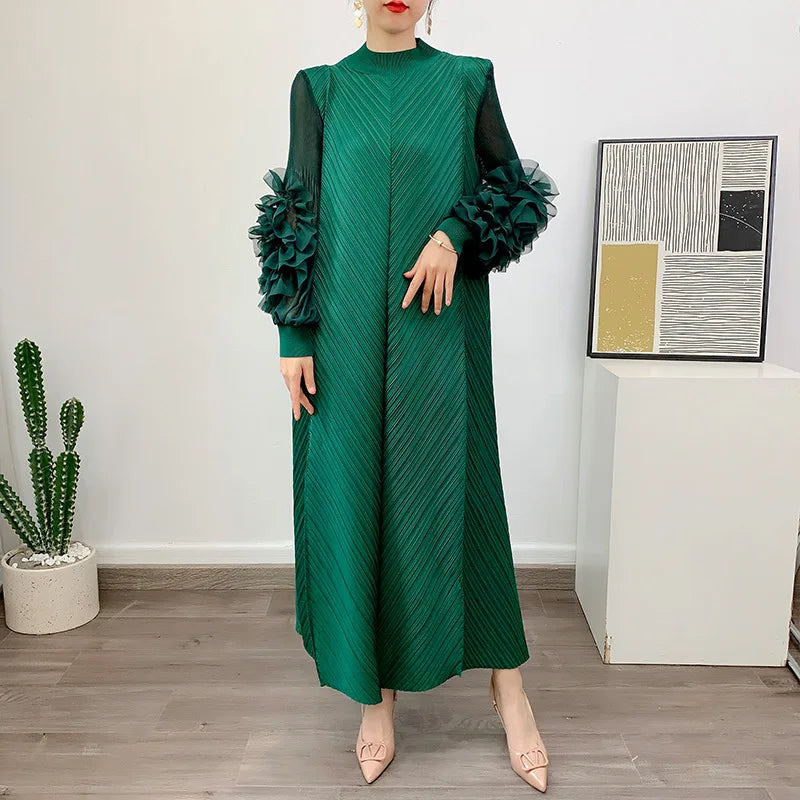 YUDX Luxury Purple Miyake Pleated High Neck Maxi Evening Dress, Ruffle Sleeve Women's Wedding Guest Ramadan Party Dress 2026 New