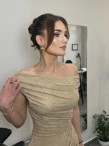 Women Stunning Nude Sparkle Prom Dress Off-shoulder Ruched Detail Shiny Crystal Long Formal Gown Special Occasion Party Dresses