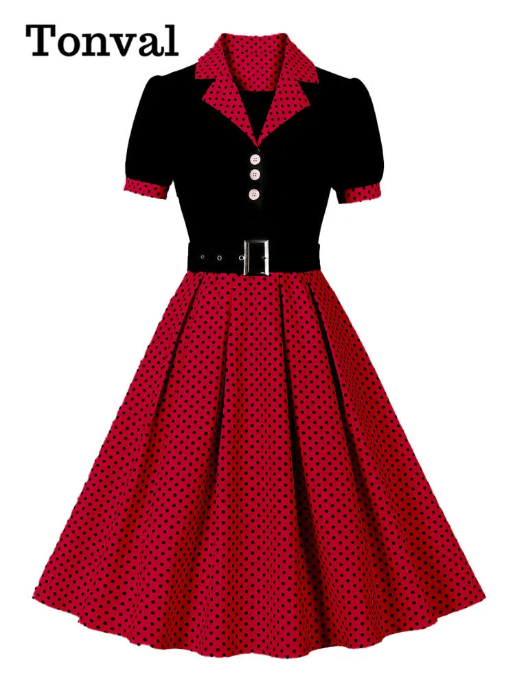 Tonval Black and Polka Dot Vintage Pleated Dresses Notched Collar 2025 Elegant Summer Women Short Sleeve Belted 50s Retro Dress