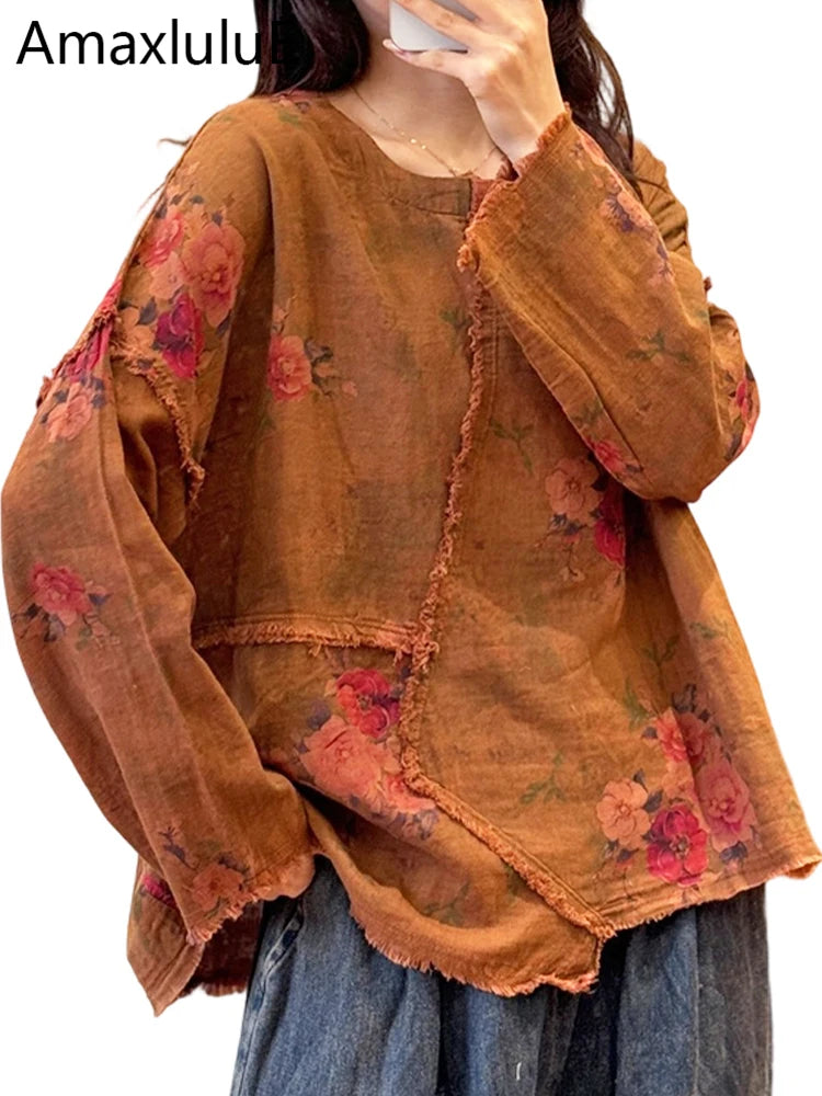 Amax LuluE 2026 Vintage Design Clothes Women Chinese Fashion Tshirts Loose Casual Floral Tops Ladies Classic Printed O Neck Tees