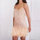 2025 New Sexy Tassel Sequins Feather Mini Dress Women Spaghetti Strap Stitching Dresses Female Elegant Evening Party Club Dress